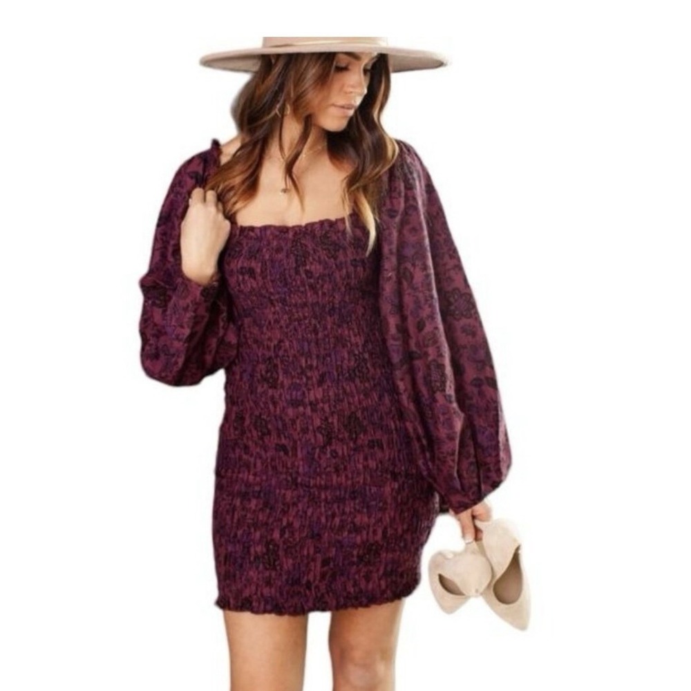 Free People Smock It‎ To Me Mini Dress XS Burgundy Floral Puff Sleeve Cotton NEW
